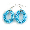 Light Blue Glass Bead Loop Drop Earrings In Silver Tone - 60mm Long
