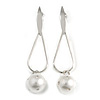 Trendy Loop with Crystal Faux Pearl Bead Drop Earrings In Silver Tone - 70mm Long