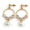Small Hoop with Dangling Pearl Clear Crystal Earrings In Gold Tone - 45mm Drop