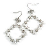 Square White Faux Pearl Bead, Clear CZ Bow Drop Earrings In Silver Tone Metal - 60mm Long