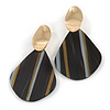 Trendy Stripy Acrylic Teardrop Earrings In Gold Tone (Black/ White/ Glitter Gold) - 75mm Long