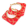 Trendy Pink Animal Print Square Acrylic Hoop Earrings In Gold Tone - 45mm Tall - Medium