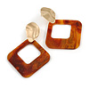 Trendy Brown Glitter Acrylic Square Earrings In Gold Tone - 70mm Long