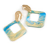 Trendy Light Blue/ Cream Glitter Acrylic Square Earrings In Gold Tone - 70mm Long