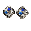 Marcasite Square Blue/ Clear Crystal, White Faux Peal Clip On Earrings In Antique Silver Tone - 20mm L