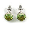 Olive/Grass Green/Clear Crystal Ball Stud Earrings In Silver Plated Finish -10mm D