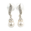 Prom Diamante Simulated Pearl Drop Earrings In Silver Tone - 35mm Long