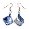 Blue Shell Bead Drop Earrings In Silver Tone - 50mm Long