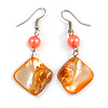 Orange Shell Bead Drop Earrings In Silver Tone - 60mm Long