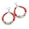 Red/ Silver/ Transparent Ceramic/ Glass Bead Hoop Earrings In Silver Tone - 80mm Long