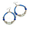 Blue/ Silver/ Transparent Ceramic/ Glass Bead Hoop Earrings In Silver Tone - 80mm Long