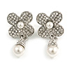 Bridal/ Prom/ Wedding Clear Crystal Faux Pearl Flower Earrings In Silver Tone - 40mm Long