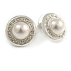 Clear Crystal Faux Pearl Button Shape Stud Earrings In Silver Tone - 18mm D