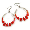 Red/ Transparent Ceramic/ Glass Bead Hoop Earrings In Silver Tone - 70mm Long