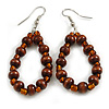 Brown Wood and Glass Bead Oval Drop Earrings In Silver Tone - 55mm Long