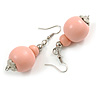 Pastel Pink Double Bead Wood Drop Earrings In Silver Tone - 60mm Long