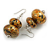 Glitter Gold/ Black/ Orange Double Bead Wood Drop Earrings In Silver Tone - 55mm Long