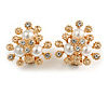 Gold Tone Clear Crystal, Faux Pearl Floral Clip On Earrings - 20mm Tall