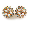 AB Crystal Faux Pearl Floral Clip On Earrings In Gold Tone - 20mm Diameter