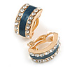 C-Shape Clear Crystal Dark Blue Enamel Clip On Earrings In Gold Tone - 20mm Tall