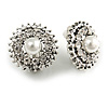 Bridal/ Prom/ Wedding Clear Crystal Faux Pearl Round Clip On Earrings In Silver Tone - 20mm Diameter