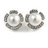 Faux Pearl Clear Crystals Flower Clip On Earrings In Silver Tone - 17mm Diameter