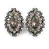 Victorian Style Grey/ Clear Crystal Filigree Clip On Earrings In Aged Silver Tone - 30mm Tall
