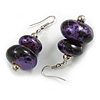 Purple/ Black Double Bead Wood Drop Earrings In Silver Tone - 55mm Long