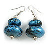 Metallic Blue/ Black Double Bead Wood Drop Earrings In Silver Tone - 55mm Long