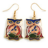 Multicoloured Enamel Owl Drop Earrings In Gold Tone Metal - 45mm Long