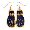 Dark Blue Enamel Cat Drop Earrings In Gold Tone Metal - 50mm Long