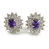 Rodium Plated Clear/ Amethyst CZ Oval Stud Earrings - 17mm Tall