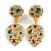 Gold Tone Multicoloured Crystal Textured Leaf Clip On Earrings - 50mm L