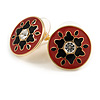 18mm Red/ Black Enamel Flower Round Stud Earrings In Gold Tone