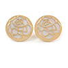 20mm Gold Tone Round with White Enamel Rose Motif Stud Earrings