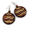 Brown Wooden Round Disk Drop Earrings with Wavy Pattern - 70mm Long