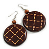 Brown Wooden Round Disk Drop Earrings with Checked Pattern - 70mm Long