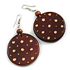 Brown Wooden Round Disk Drop Earrings with Dotted Motif - 70mm Long