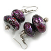Purple/Black/Silver/Red Colour Fusion Wooden Double Bead Drop Earrings - 55mm L