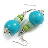 Graduated Turquoise/Mint/Lime Green Painted Wood Bead Drop Earings - 65mm Long