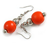 Orange Painted Wood and Silver Acrylic Bead Drop Earrings - 55mm L