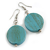 Turquoise Washed Wood Coin Drop Earrings - 55mm