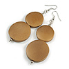 Long Gold Bronze Painted Double Round Wood Bead Drop Earrings - 8cm L