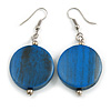 Blue Painted Wood Coin Drop Earrings - 55mm L