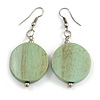 Antique Mint Washed Wood Coin Drop Earrings - 55mm L