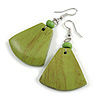 Lime Green Painted Wood Fan Shape Drop Earrings - 55mm L