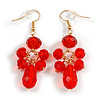 Red Glass Bead Drop Earrings In Gold Tone - 55mm L