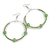 55mm Green Glass Bead Large Hoop Earrings in Silver Tone - 75mm Drop