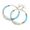 55mm Light Blue Glass Bead with White Faux Pearl Large Hoop Earrings in Silver Tone - 80mmL
