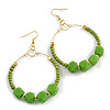 50mm Large Green Glass and Acrylic Bead Hoop Earrings in Gold Tone - 75mm Drop